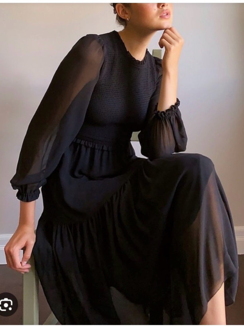 NWT Aritzia Wilfred Rosalyn Black Sheer-Sleeved Chiffon Midi Dress M